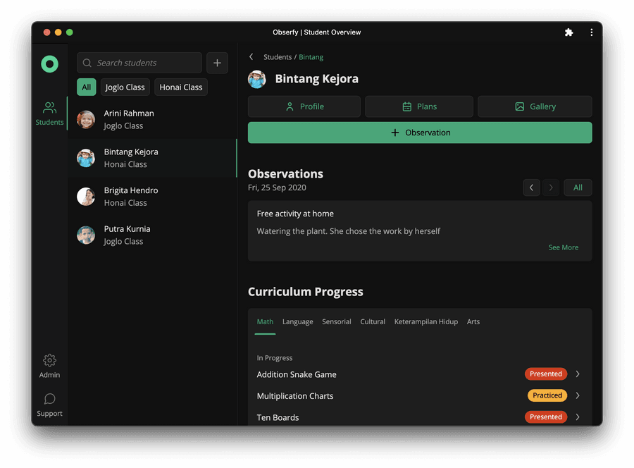 Teacher dashboard for managing observations data